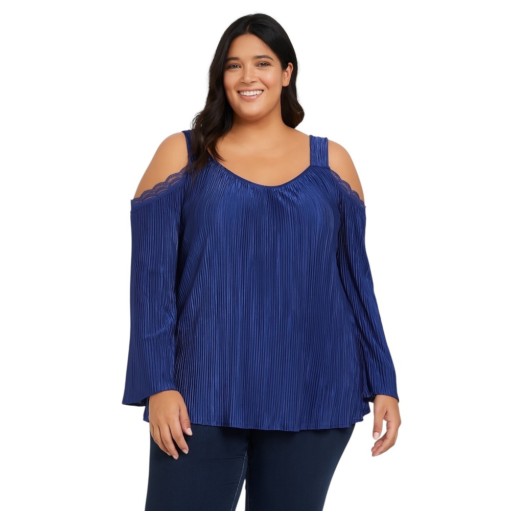 Catherines Plus Size 26W 28W Top 3X Cold Shoulder Blue Pleated Lace Trim 1549‎